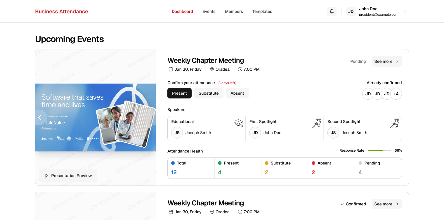 Business Attendance dashboard showing upcoming events, attendance tracking and speaker assignments